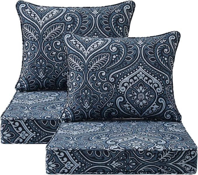 Unimatta Outdoor Patio Chair Cushions Set, 22" x 22", Set of 2, Water-Repellent, Fade Resistant, Deep Seat Bottom and Back Cushion for Backyard, Couch, Sofa and Patio Furniture, Damask Blue Flower