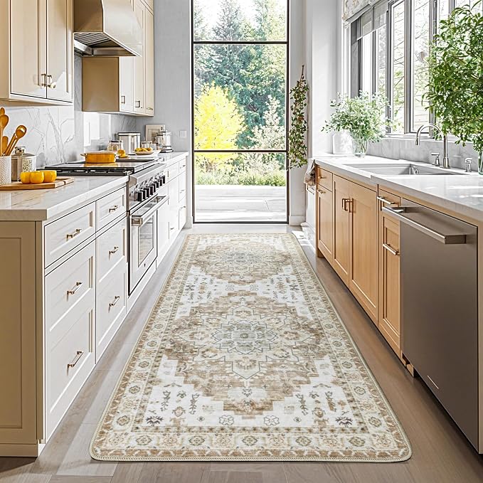 LBRO2M Machine Washable Rug Soft Pet Friendly Carpet 2X6 Cream | Persian Runner Rug 2X6 for HallWay, Bedroom, Kitchen, Laundry Room, Non Slip Carpet, Foldable Stain Resistant Rugs