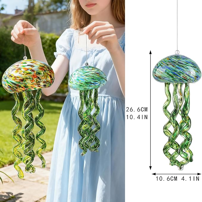 H&D HYALINE & DORA Sea Blown Glass Wind Chimes for Outside Jellyfish Wind Chimes 10 Inch Ocean Beach Themed Chime Gift Sea Glass Hanging Decor for Patio, Window & Garden