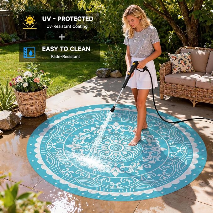 Pauwer Waterproof Outdoor Rug 8ft, Reversible Plastic Straw Patio Camping Rug, Indoor Outdoor RV Mat Carpet for Deck, Camper, Porch, Balcony, Backyard, Picnic, Paisley Teal