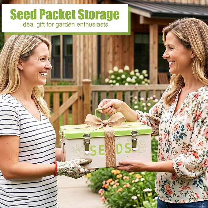 Seed Storage Organizer Box – Large Metal Seed Box with Dividers, 50 Envelopes, 100 Plant Labels, 50 Clips & Marker Pen | Seed Packet Container for Garden