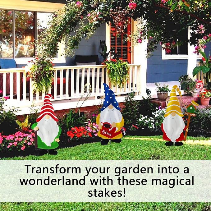 Gnomes Decorations for Yard,Metal Gnomes Decorative Garden Stakes，Garden Ornaments for Outside Yard Lawn,Outdoor Porch Patio (Mix)