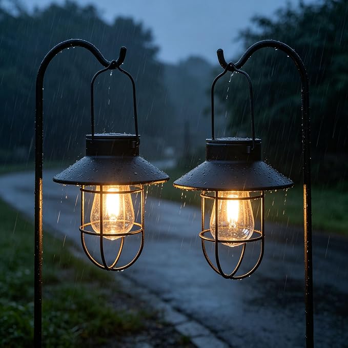 Solar Lantern 2pack Outdoor Hanging Light- Waterproof Vintage Metal Light with Shepherd Hook Decorative for Patio, Backyard, Porch, Yard (Black)