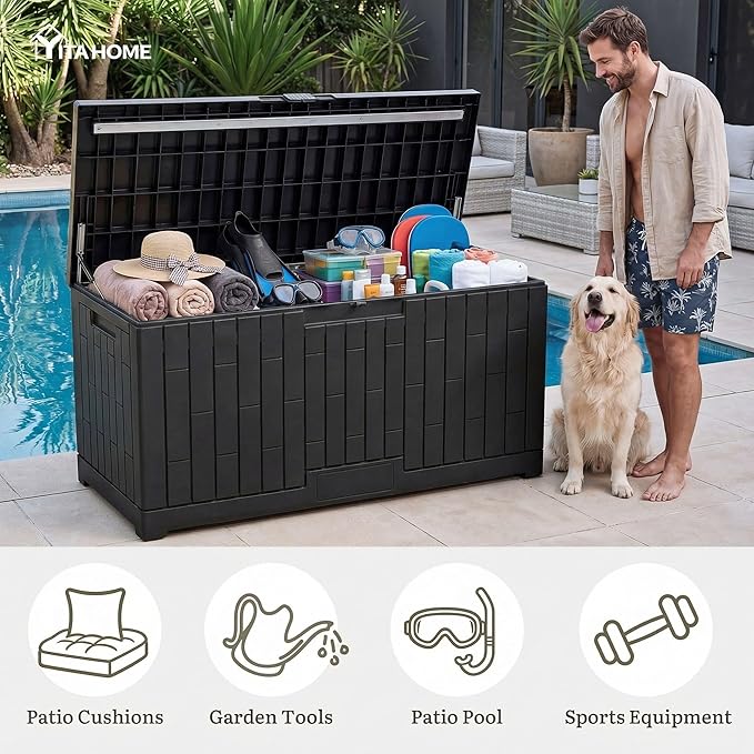 YITAHOME 120 Gallon Outdoor Storage Deck Box | Large Resin Patio Storage Box with Slide-Locking Lid, 53"L 2-Person Bench Seat for Outdoor Pillows, Garden Tools &