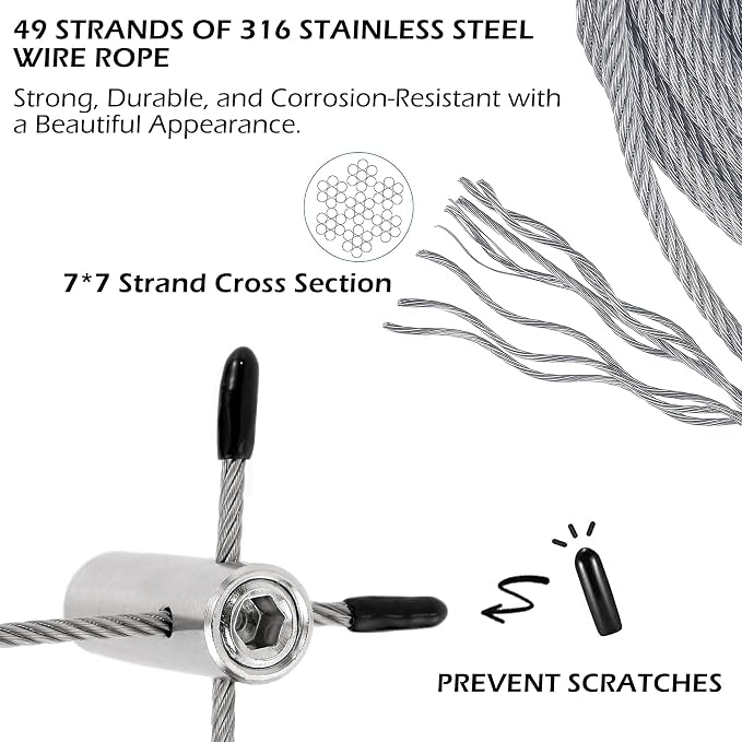 Wire Trellis for Climbing Plants Outdoor, 30-Set Wall Wire Trellis Kit with 1/8in x 150ft Stainless Steel Cable & Cutter, T316 Cylindrical Espalier System for Fence and Garden DIY Projects