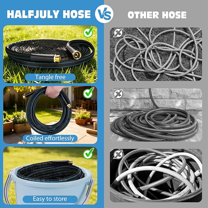 Halfjuly Garden Hose 25FT, Flat Non-Expandable Lightweight Water Hose, Durable Flexible Heavy Duty No Kink Design with 3/4" Fittings, 10 Way Spray Nozzle for Outdoor Yard Lawn