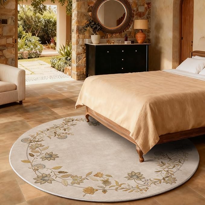 Washable Bedroom Round Rug 4ft: Living Room Circle Rug Stain Resistant Non Slip Low Pile Soft Faux Wool Small Area Rugs for Bedroom Kitchen Entryway Kids Room Bathroom Entrance Nursery Dorm Office