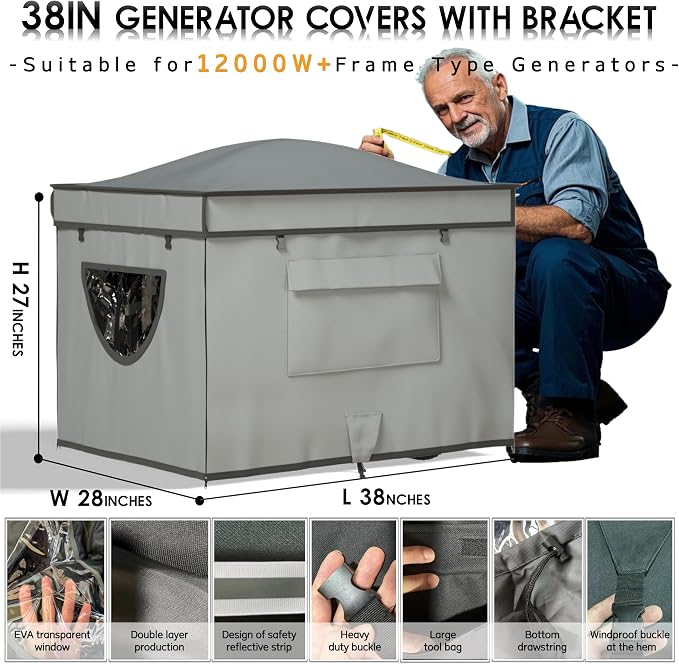 Generator Tent Cover with Bracket,Generator Covers While Running,Rooftop Design,No Water Accumulation,100% Waterproof Heavy Duty Tarps Generator Tent,38 "x28 " x27 ",Gray.