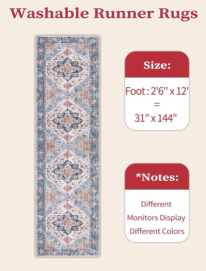 SERISSA 2'6"x12' Washable Non Slip Boho Runner Rug for Hallway，Blue Orange | Ultra Soft Vintage Oriental Carpet Low-Pile Tribal Floor Carpet for Kitchen Bedroom Entryway Bathroom Laundry Room