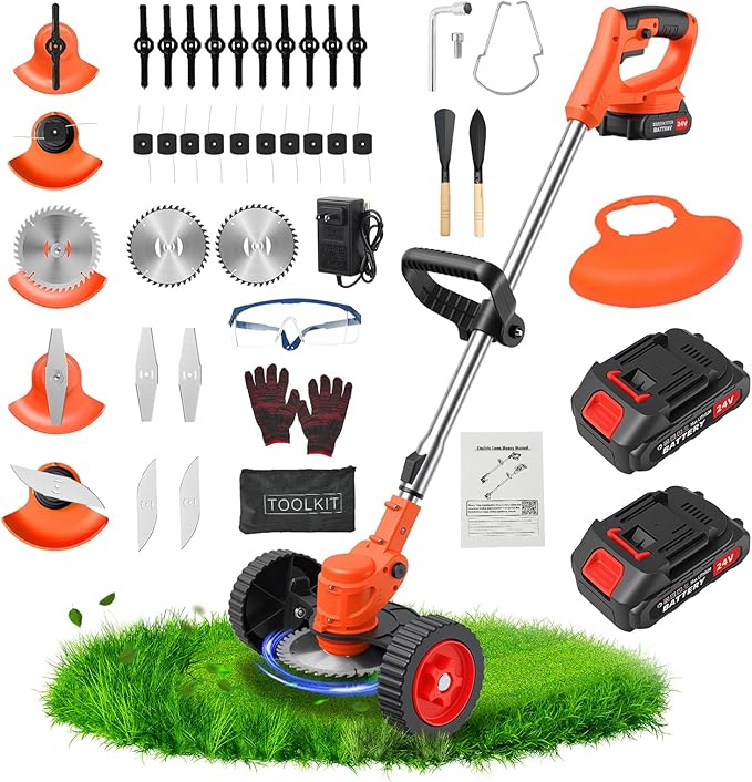 24V 3-in-1 Cordless Weed Wacker, Electric Grass Trimmer Edger Brush Cutter with Wheels, Lightweight Adjustable String Trimmer, 2 Pack 2000mAh Batteries & Fast Charger for Lawn Yard Garden Care, Orange