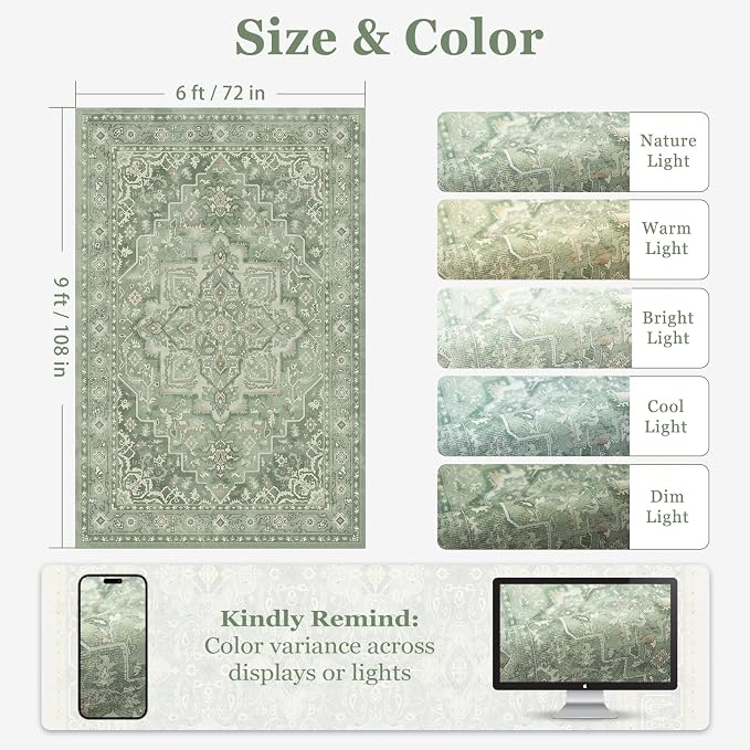 Sage Green Living Room Rug 6x9, Washable Non Slip Rug for Dining Room Under Table, Modern Vintage Medallion Low Pile Thin Carpet Rugs for Bedroom Den Home Office, Cozy Cottagecore Soft Green