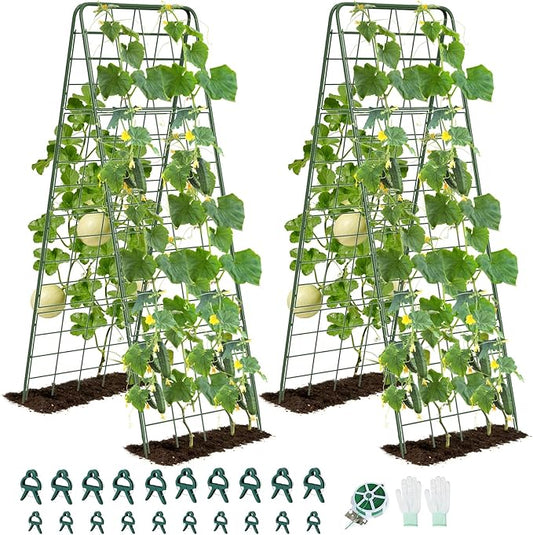 Heavy Duty A-Frame Metal Garden Trellis for Climbing Plants, 50"x17" Inch Tall Plant Support with Clips & Garden Ties for Cucumbers, Squash, Beans & Vines (2)