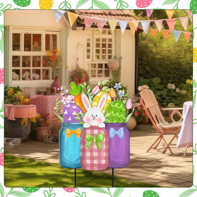 MorningRo Easter Yard Decor Outdoor, 26" Cute Bunny Metal Decorations, Easter Metal Yard Stakes Sign Bunny Mason Jar Garden Stake for Outdoor Spring Holiday Pathway Home Lawn Garden Sign Decor