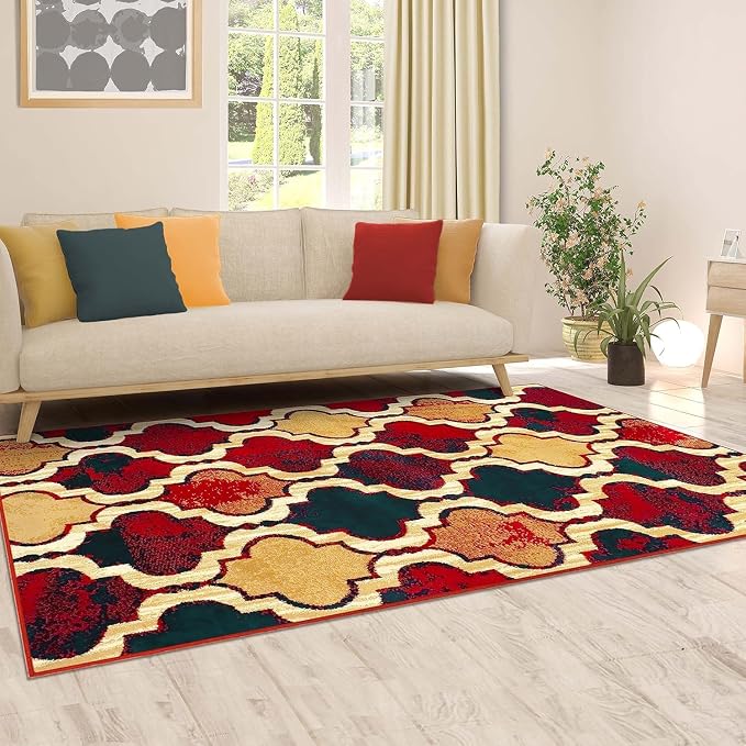 SUPERIOR Modern Indoor Area Rug, Non Slip Rug, 4'x6', Red Blue | Geometric Design Floor Décor, Easy Care High Traffic Areas Living Dining Room, Bedroom, Office, Entryway, Viking Collection