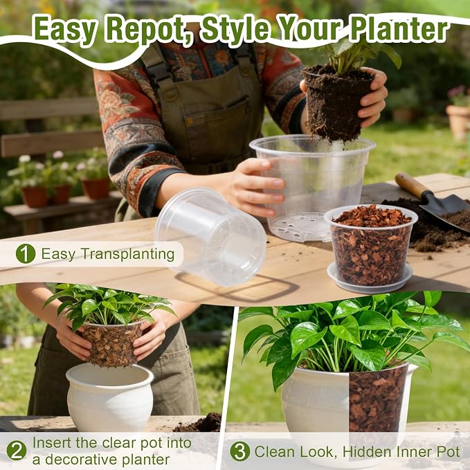 12 Inch Clear Nursery Pots with Drainage and Saucers, 5 Pack Large Clear Plastic Nursery Pots for Plants, Seedling Plant Pots for Repotting and Growing Plants, Flowers & Vegetables (12 inch)