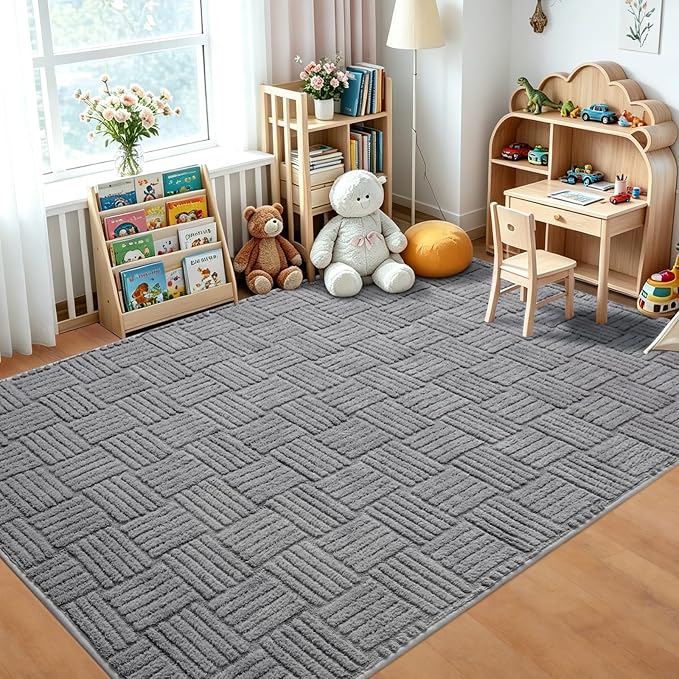 Grey Washable Shag Area Rug for Living Room, 6x9 Modern Geometric Non Slip Bedroom Rugs, Fluffy Soft Thick Carpet for Boys Kids Room, Dorm, Office, and Home Decor