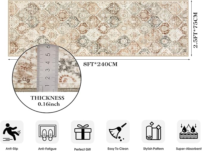 Lahome Moroccan Hallway Rug, 2'5''x8' Kitchen Runner Rugs Non Skid Washable | Runners for Hallways Ultra-Thin Oriental Carpet for Entryway Laundry Room Bedroom Bathroom Elise, Khaki