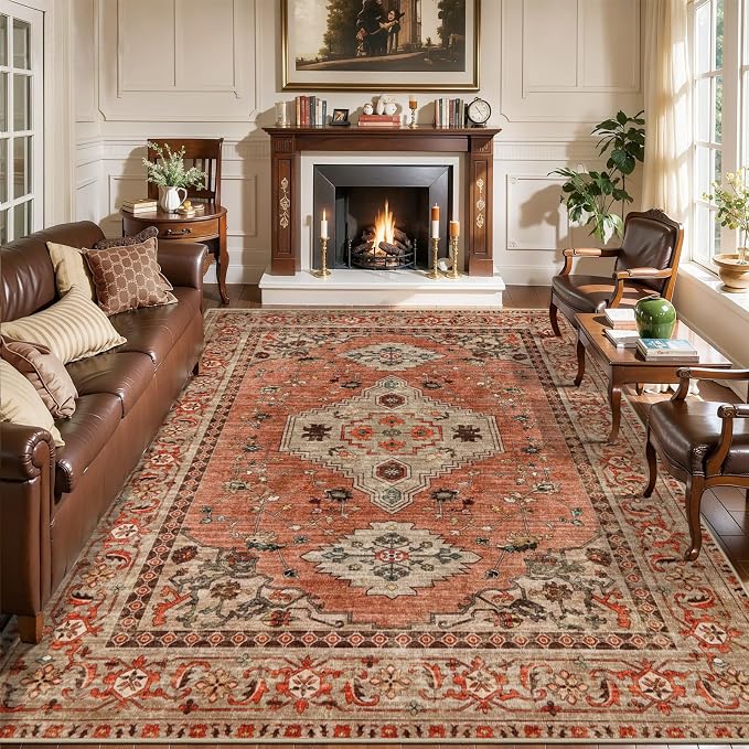 Tangsoo 8x10 Area Rug for Living Room, Washable Vintage Rug Indoor Boho Non Slip Large Area Rugs, Print Distressed Terracotta Carpet, Soft Low Pile Foldable Floor Rug for Bedroom Dining Room