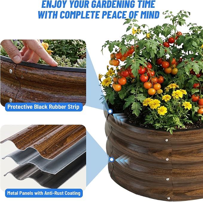 SnugNiture 3 Pcs 2x2x1ft Round Galvanized Raised Garden Bed Kit Outdoor, Metal Planter Box for Planting Plants Vegetables, Brown