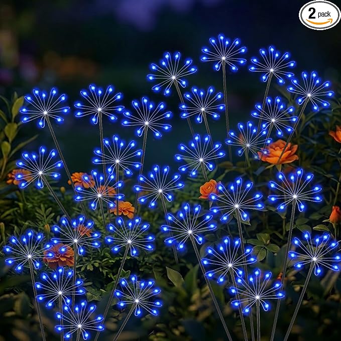 Solar Garden Lights Outdoor, Upgraded Solar Swaying Starburst Light Waterproof with 2 Modes, Solar Fairy Firework Lights for Yard Patio Pathway Flowerbed Balcony Garden Decoration (Blue, 2 Pack)
