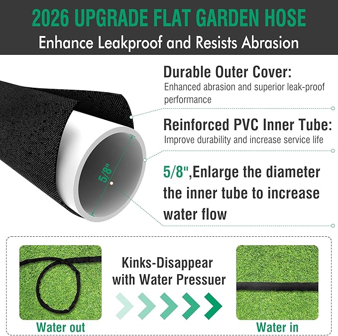 100FT Non-Expandable Garden Hose, Lightweight Flat Water Hose with 10-Function Spray Nozzle, 3/4" Metal Fittings, Kink-Resistant Easy Storage for Patio, Garden, RV, Small Yard, Car Wash, Black