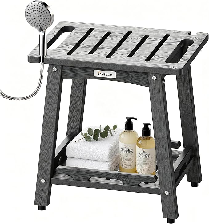 Shower Bench Seat, Non-Slip Shower Benches for Inside Shower to Sit on, HDPE Waterproof Shower Stool for Shaving Legs, Shower Chair with Adjustable Feet for Bathroom, Indoor/Outdoor Use, Grey