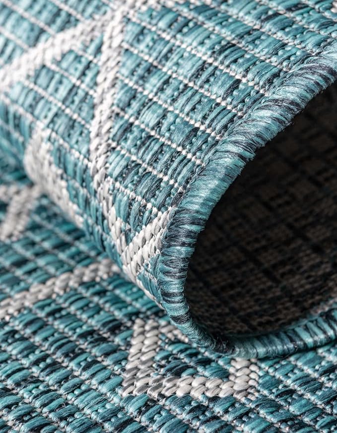 Unique Loom Outdoor Trellis Collection Area Rug - Tribal Trellis (13' Square, Teal/ Ivory)
