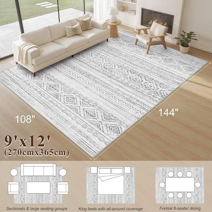 cotiled Boho 9x12 Area Rug for Living Room: Large Moroccan Washable Rug | Stain Resistan Carpet for Bedroom Farmhouse Dining Room Grey