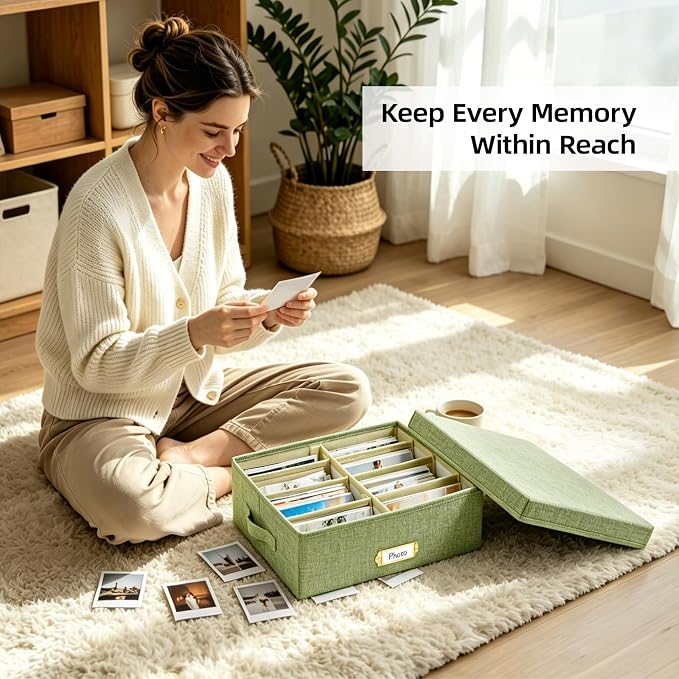 Linen Photo Storage Box with Adjustable Hook and Loop Dividers, Holds 1700 4"x6" Photos, Collapsible Picture Organizer with Handle and Label Stickers, Memory Keepsake Box for Women, Grass Green
