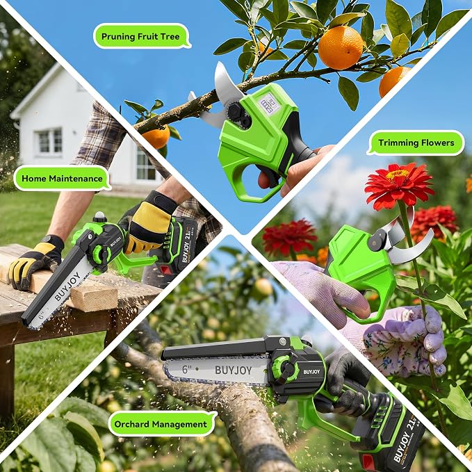 BUYJOY 4-in-1 Electric Pruning Shears & 6 Inch Pole Saw Combo, 1.8" Cutting Diameter Cordless Pruner, 2×4.0Ah Batteries, Adjustable Branch Cutter for Tree Trimming and Garden Pruning