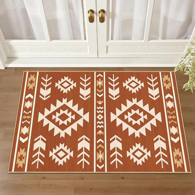 Western Rug 2x3 for Entryway Indoor Mat, Southwestern Aztec Tribal Rugs Southwest Navajo Machine Washable Entrance Rug Non-Slip Printed Low-Pile Entry Floor Carpet Doormat for Bedroom, Yellow Brown