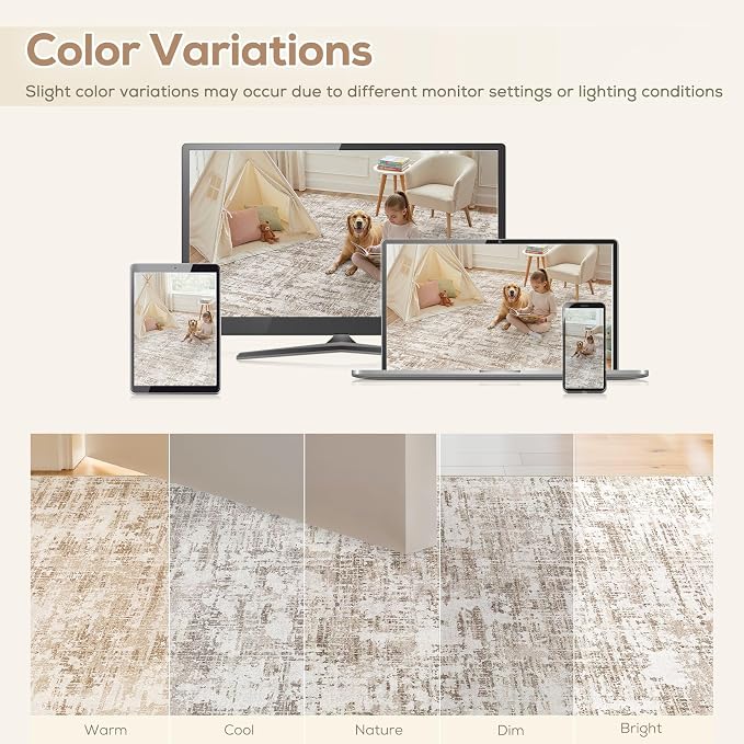 Nakagishi 8X10 Abstract Washable Area Rugs for Living Room-Brown-02 | Modern Non-Slip Silicone Backing Low Pile Soft Carpet for Bedroom Dining Decor Ideal for Families with Kids and Pets