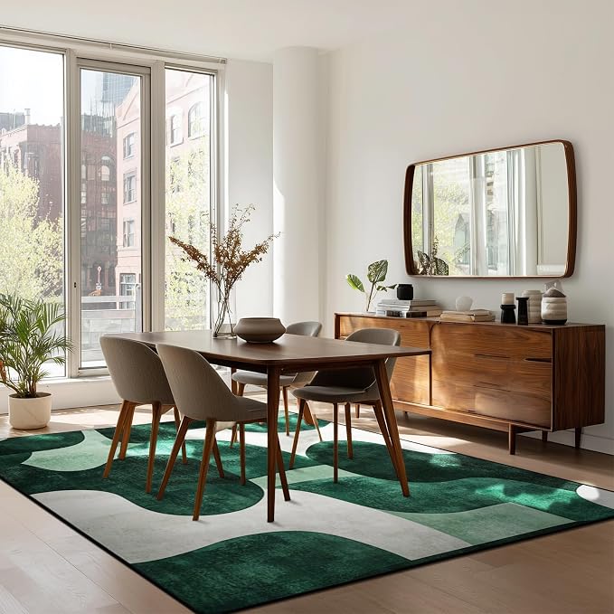 9CH Modern Green Beige Abstract Area Rug 5x7 Wave Rugs for Living Room | Washable Soft Low Pile Non-Slip Carpet for Dining Room, Office Home Decor,Green