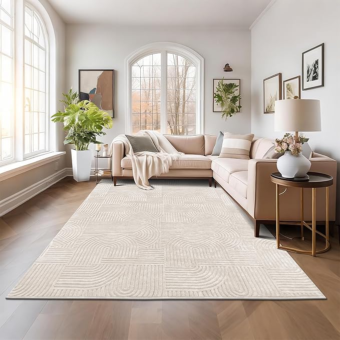 Pauwer 8x10 Area Rugs for Living Room, Modern Non Slip Washable Rug, Beige | Arch Pattern, Soft Fluffy, Neutral, Boho Accent, Solid Color Floor Carpet, For Kids Room Dining Room Nursery Entryway