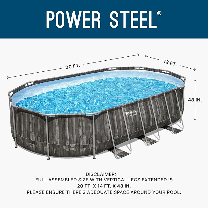 Bestway Power Steel 20’ x 12’ x 48” Above Ground Pool, Oval Metal Frame Outdoor Swimming Pool Set with Filter Pump, Ladder, and Cover | Durable Oval Metal Frame Outdoor Backyard Pool - Ladder, Cover, and Type III Filter Cartridge Included, Wood Print