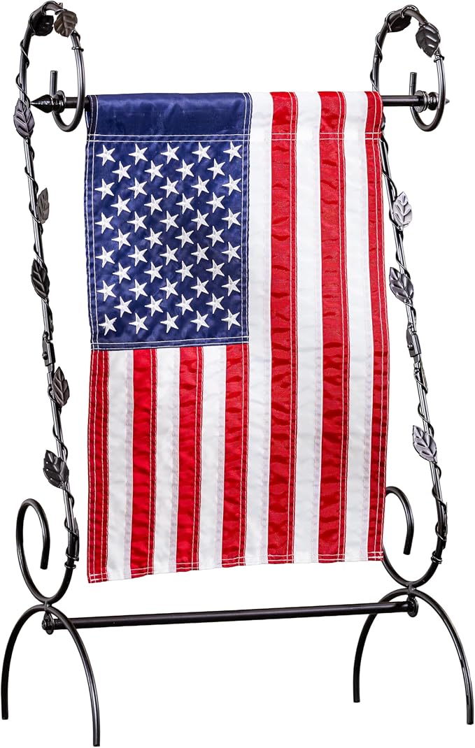 Evergreen Scroll American Garden Flag Stand Leaves Vine | Premium Metal Iron Flag Holder Stand | Fits 12x18 Garden Flags for Outside Deck Patio | Weatherproof Outdoor