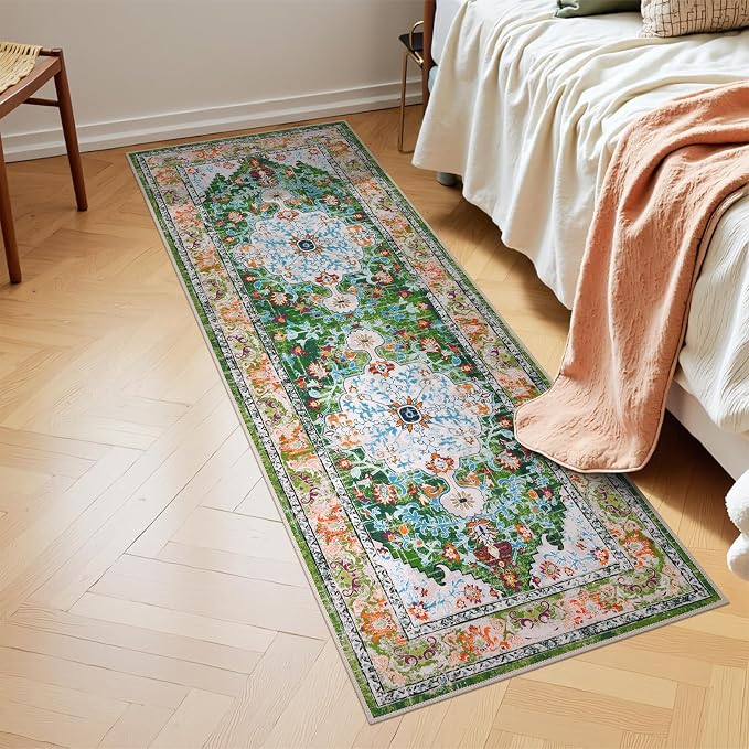U'Artlines 2' x 6' Boho Hallway Runner Rug Non Slip Washable Runners,Green | Vintage Farmhouse Kitchen Rug Accent Area Carpet for Entryway Laundry and Living Room