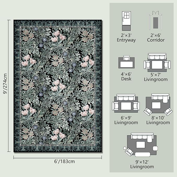 Washable Area Rugs 6x9 Black Green Vintage Floral Botanical Pattern,Perfect for Living Room, Bedroom, Kids Room, Nursery - Stain & Water Resistant Non-Slip, Pet & Child Friendly/Bedroom Decor