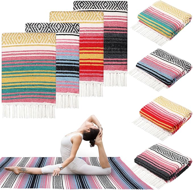 Oudain 4 Pcs Mexican Blankets Bulk Handwoven Mexican Yoga Blanket Towel Colorful Falsa Serape Woven Throw Blanket Boho Beach Blankets for Outdoor Camping Beach Picnic Travel Home (Light Colors)