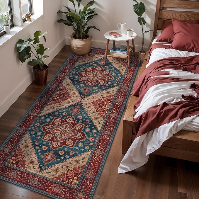 Tangsoo 2x6 Washable Runner Rug for Hallways, Vintage Non Slip Rug Runners | Oriental Soft Low Pile Rug,Boho Print Carpet Hallway Runner for Kitchen Bedroom Entryway Bathroom Living Room Red Home Decor