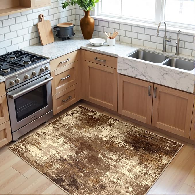 RELEANY Washable 3'x5' Abstract Area Rug for Living Room Brown Tan | Carpet for Bedroom, Kitchen, Office, Hallway and Entryway, Printed Pattern, Non‑Slip, Soft, Stain‑Resistant, Easy to Clean