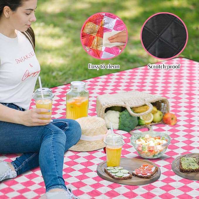 Nuanchu Checkered Picnic Blanket Extra Large Outdoor Blanket Sandproof 80"x80" Waterproof Portable Machine Washable 3 Layer Thick Gingham Picnic Mat for Beach Camping Park Grass Travel(Bright Pink)