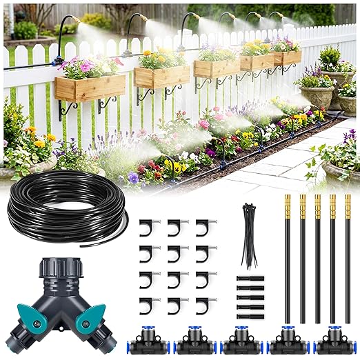 HIRALIY 33FT Garden Watering System with 5 360° Adjustable Copper Mist Nozzles, Quick-Connect Drip Irrigation Kit for Patio Pots, Small Greenhouses and Flower Beds
