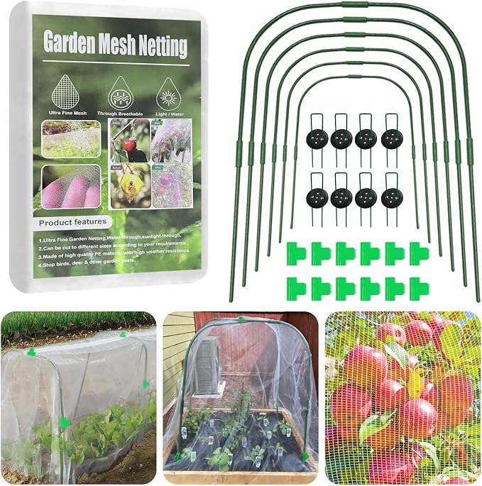 Garden Mesh Netting Kit for Raised Beds, 10 * 30 FT Ultra Fine Plant Netting Covers with 6 Pcs Wide Garden Hoops & 12 Clips, 8 Ground Stakes Protect Greenhouse Fruit Vegetable Flowers from Birds Bugs