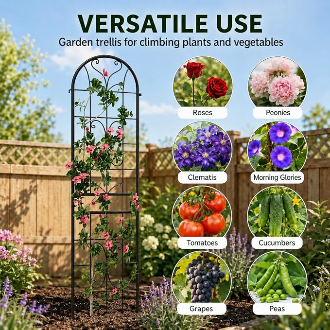 4 Pack 87x20in Garden Trellises, Ornate Scrollwork Black Metal Coated Rustproof Trellis for Climbing Plants Outdoor, Roses, Vegetables, Vines, Cucumbers