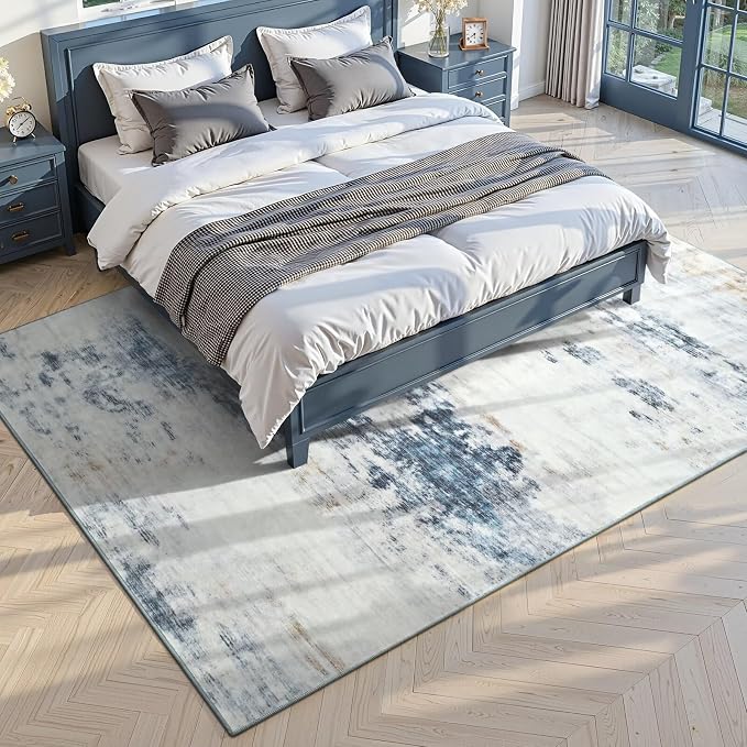 Toneed Washable 5x7 Area Rug with Non-Slip Backing for Living Room | Abstract Modern Rugs, Soft Low Pile Carpet for Bedroom Kitchen Dining Room Nursery Indoor Floor Office Home Decor, Blue/White