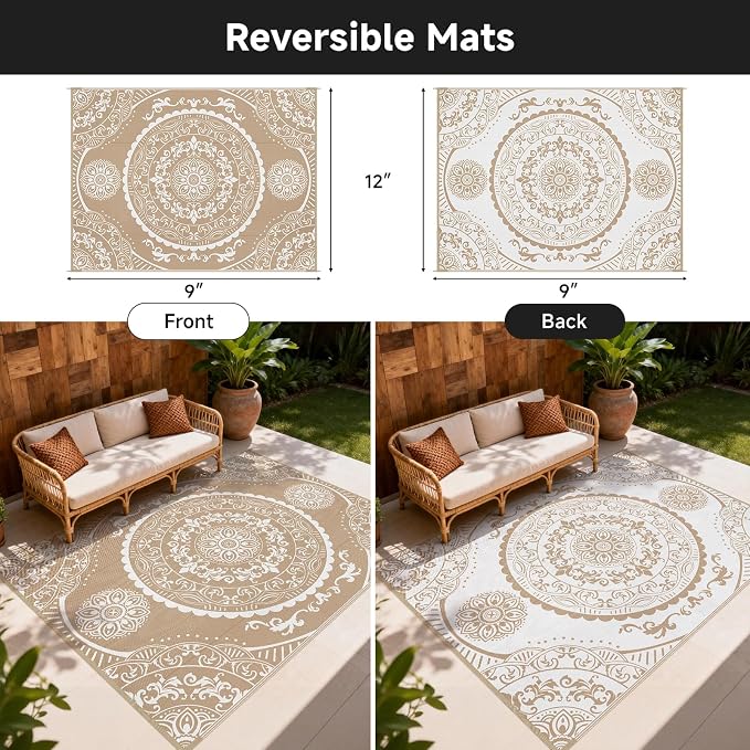 Pauwer Waterproof Outdoor Rug 9x12, Reversible Plastic Straw Patio Camping Rug, Indoor Outdoor RV Mat Carpet for Deck, Camper, Porch, Balcony, Backyard, Picnic, Paisley Brown