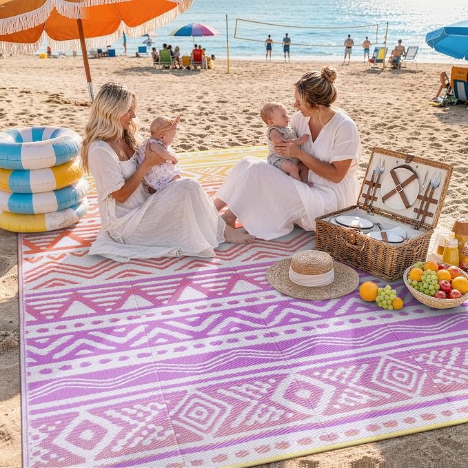 Lahome Outdoor Rug Waterproof, 6x9 Reversible Outdoor Plastic Straw Rug for Camping, RV Patio Rugs Large Carpet for Porch Deck Backyard Balcony Picnic(Orange/Purple,6'x 9')