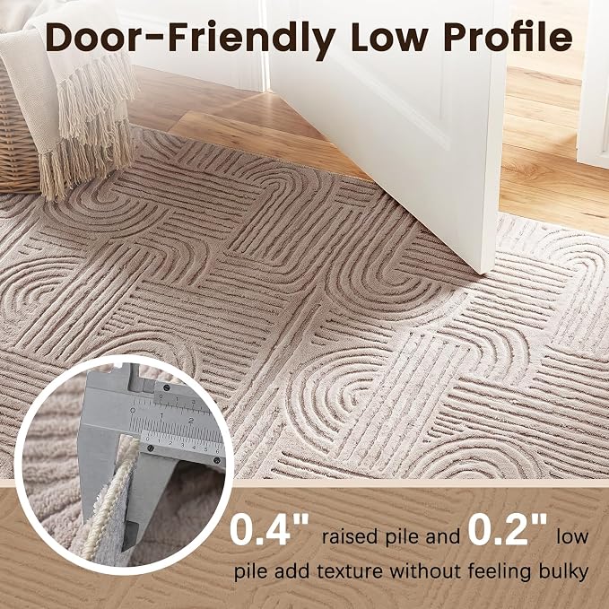 Etwel 6.5 ft Taupe Geometric Textured High-Low Pile Washable Round Rug | Modern Soft Carpet, Non-Slip PVC Backing, Low Profile, Kid and Pet Friendly, for Living Room, Bedroom, Dining Room, Nursery