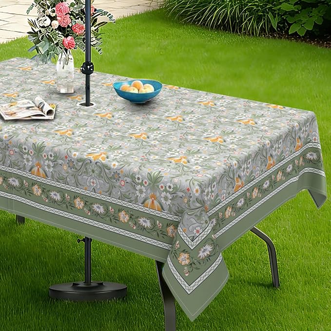 Green Print Outdoor Tablecloth with Umbrella Hole 60" x 120" Waterproof Zipper Table Cloth for Patio Table - Ideal Tablecloths for Picnics, Camping, and Yard Use